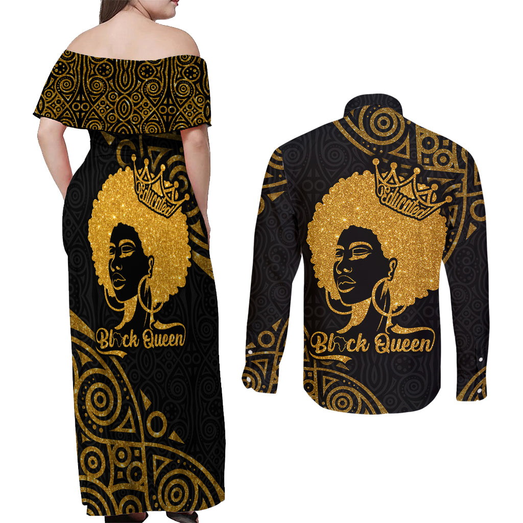 Educated Black Queen Couples Matching Off Shoulder Maxi Dress and Long Sleeve Button Shirts African Women - Wonder Print Shop