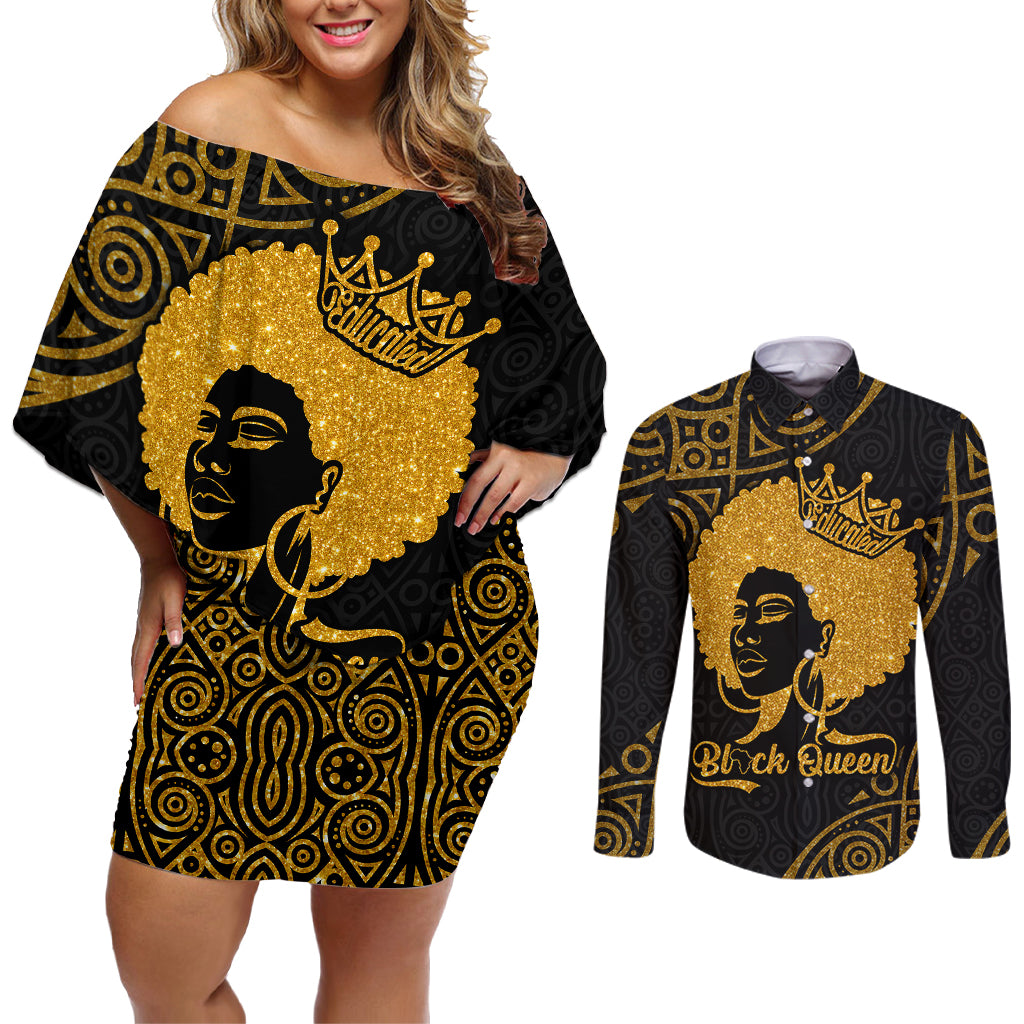 Educated Black Queen Couples Matching Off Shoulder Short Dress and Long Sleeve Button Shirts African Women - Wonder Print Shop