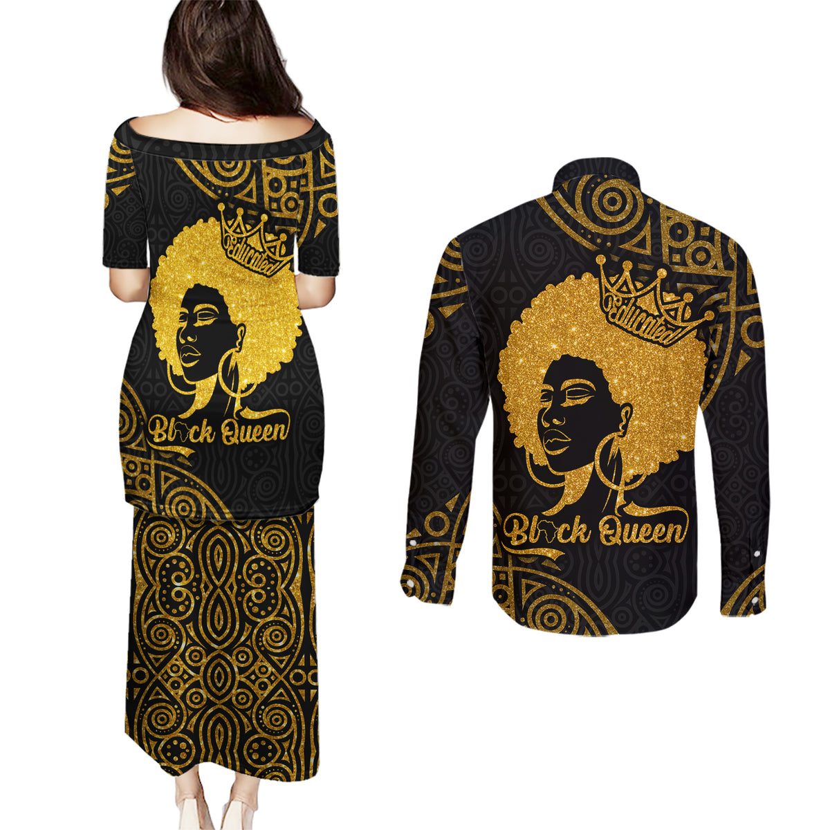 Educated Black Queen Couples Matching Puletasi Dress and Long Sleeve Button Shirts African Women - Wonder Print Shop