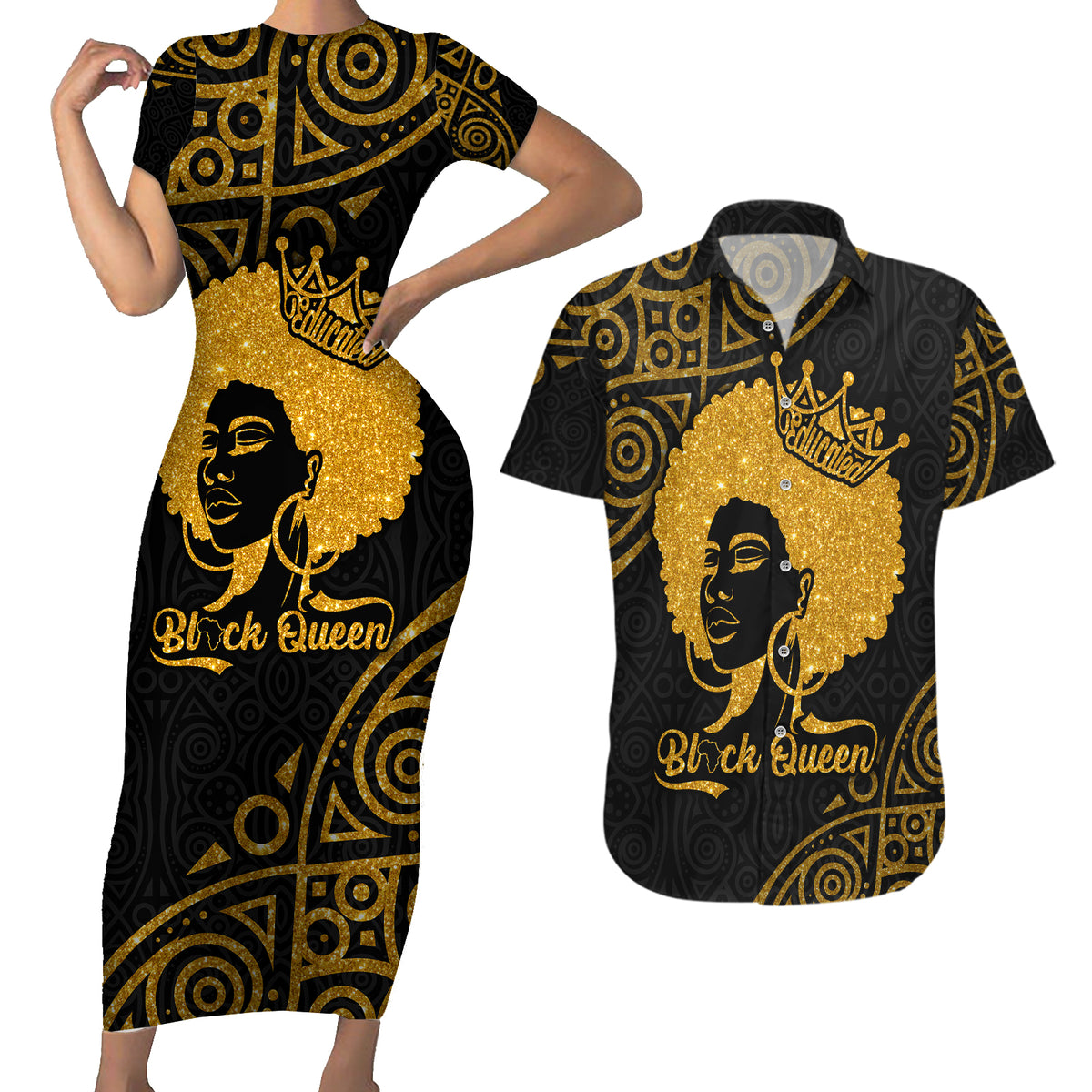 Educated Black Queen Couples Matching Short Sleeve Bodycon Dress and Hawaiian Shirt African Women - Wonder Print Shop