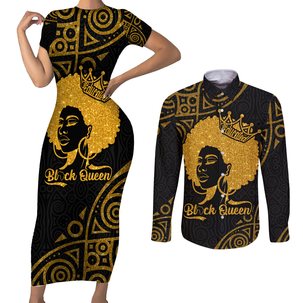 Educated Black Queen Couples Matching Short Sleeve Bodycon Dress and Long Sleeve Button Shirts African Women - Wonder Print Shop