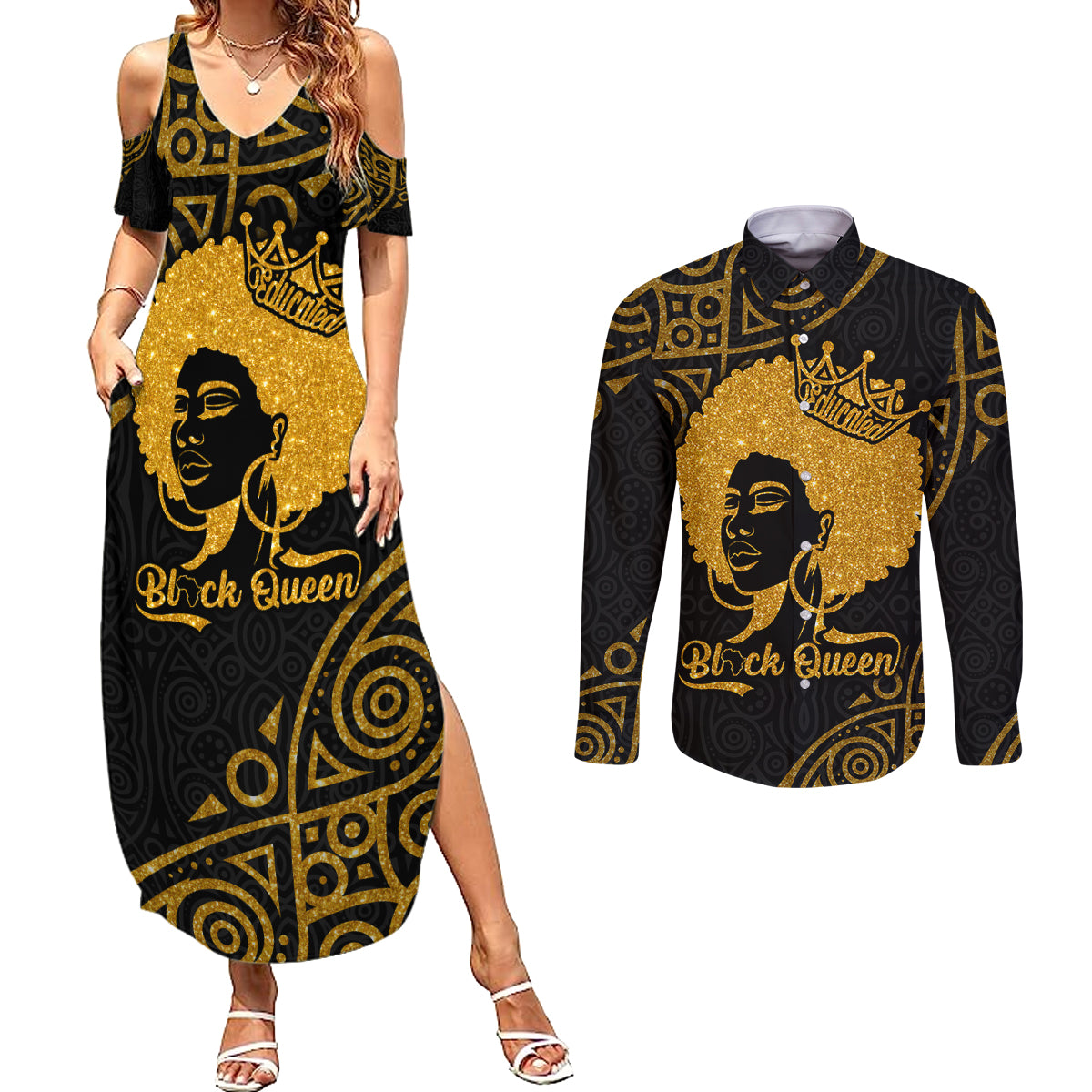 Educated Black Queen Couples Matching Summer Maxi Dress and Long Sleeve Button Shirts African Women - Wonder Print Shop