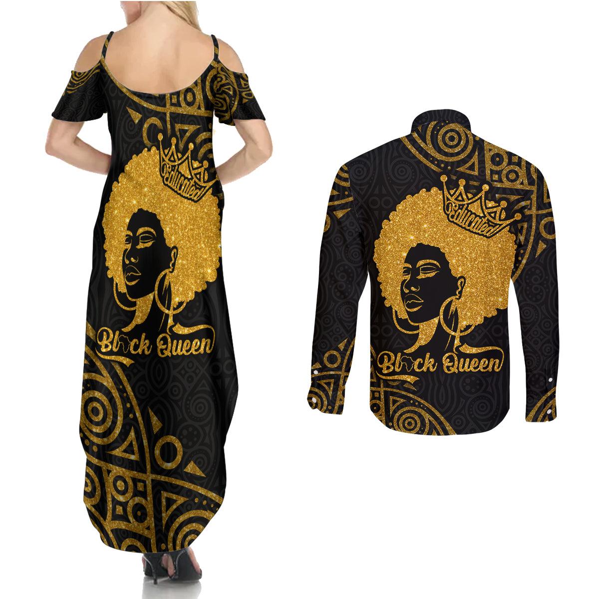 Educated Black Queen Couples Matching Summer Maxi Dress and Long Sleeve Button Shirts African Women - Wonder Print Shop