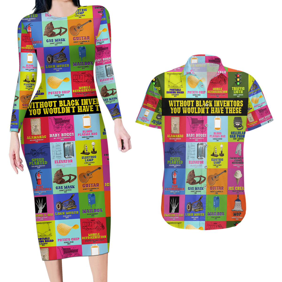 Black Inventions Couples Matching Long Sleeve Bodycon Dress and Hawaiian Shirt African-American Inventors - Wonder Print Shop