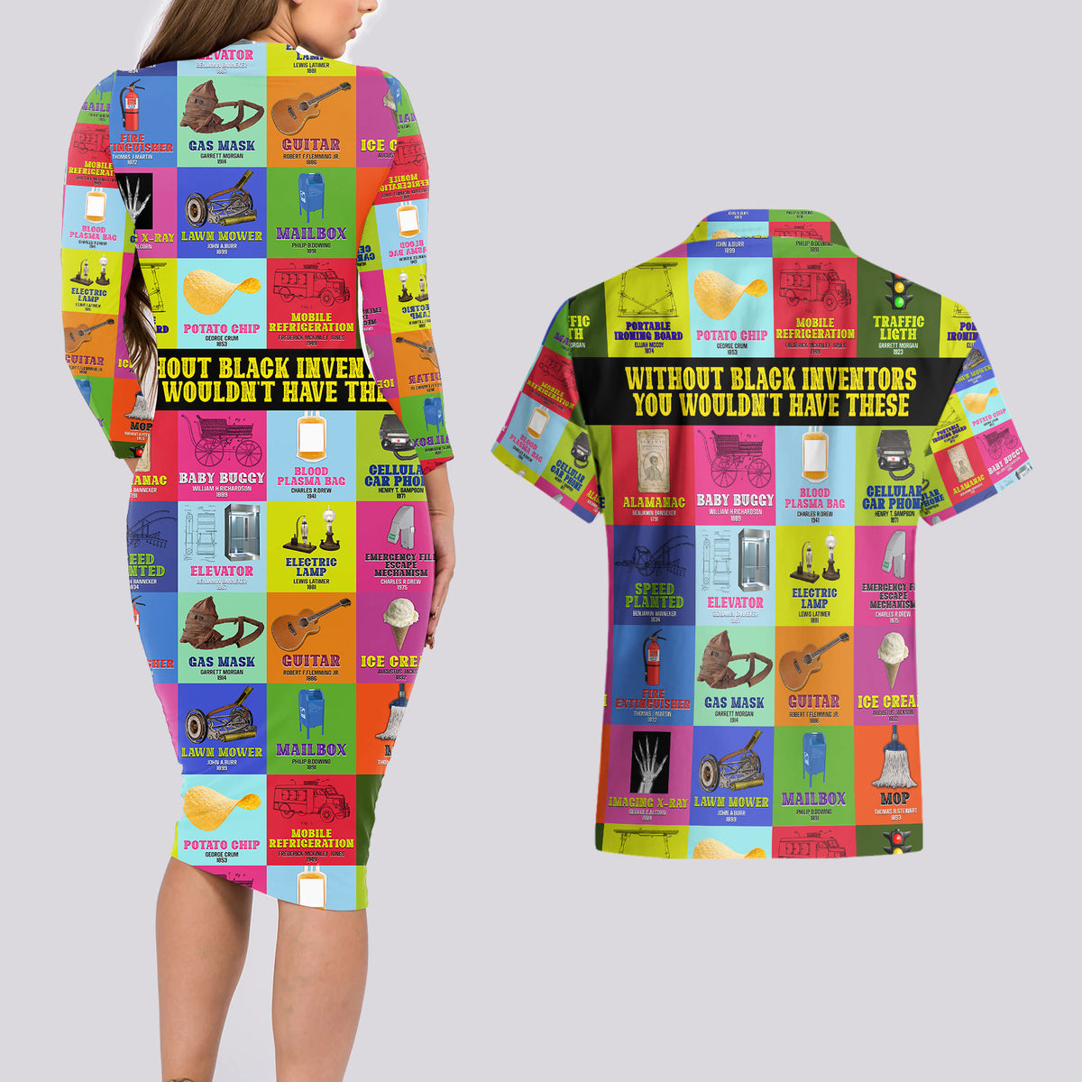 Black Inventions Couples Matching Long Sleeve Bodycon Dress and Hawaiian Shirt African-American Inventors - Wonder Print Shop
