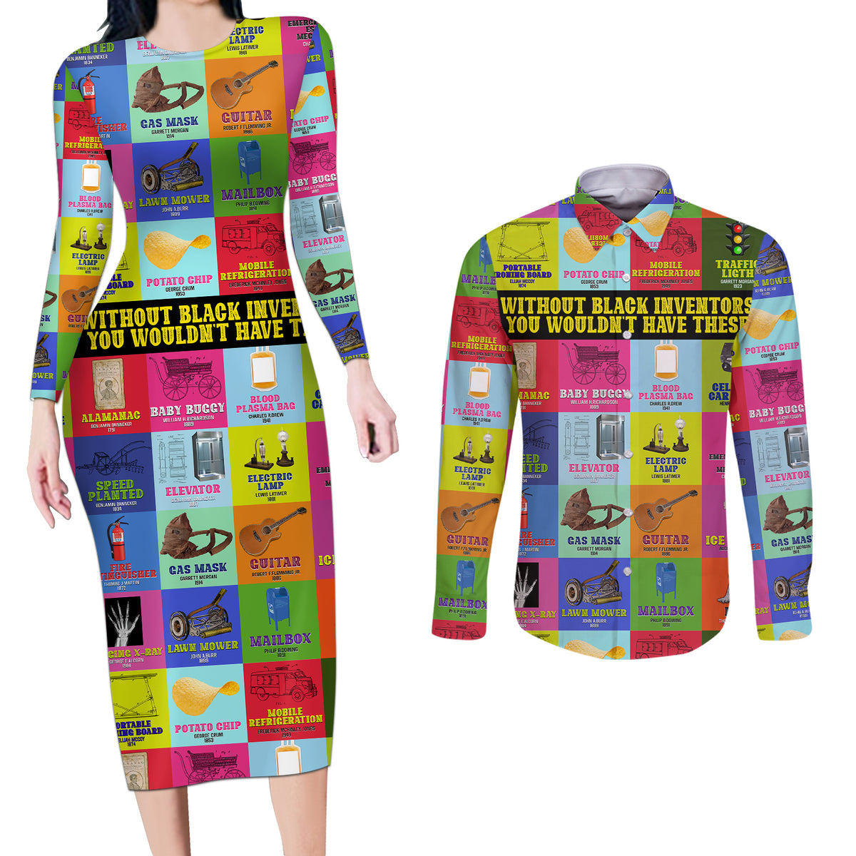 Black Inventions Couples Matching Long Sleeve Bodycon Dress and Long Sleeve Button Shirts African-American Inventors - Wonder Print Shop
