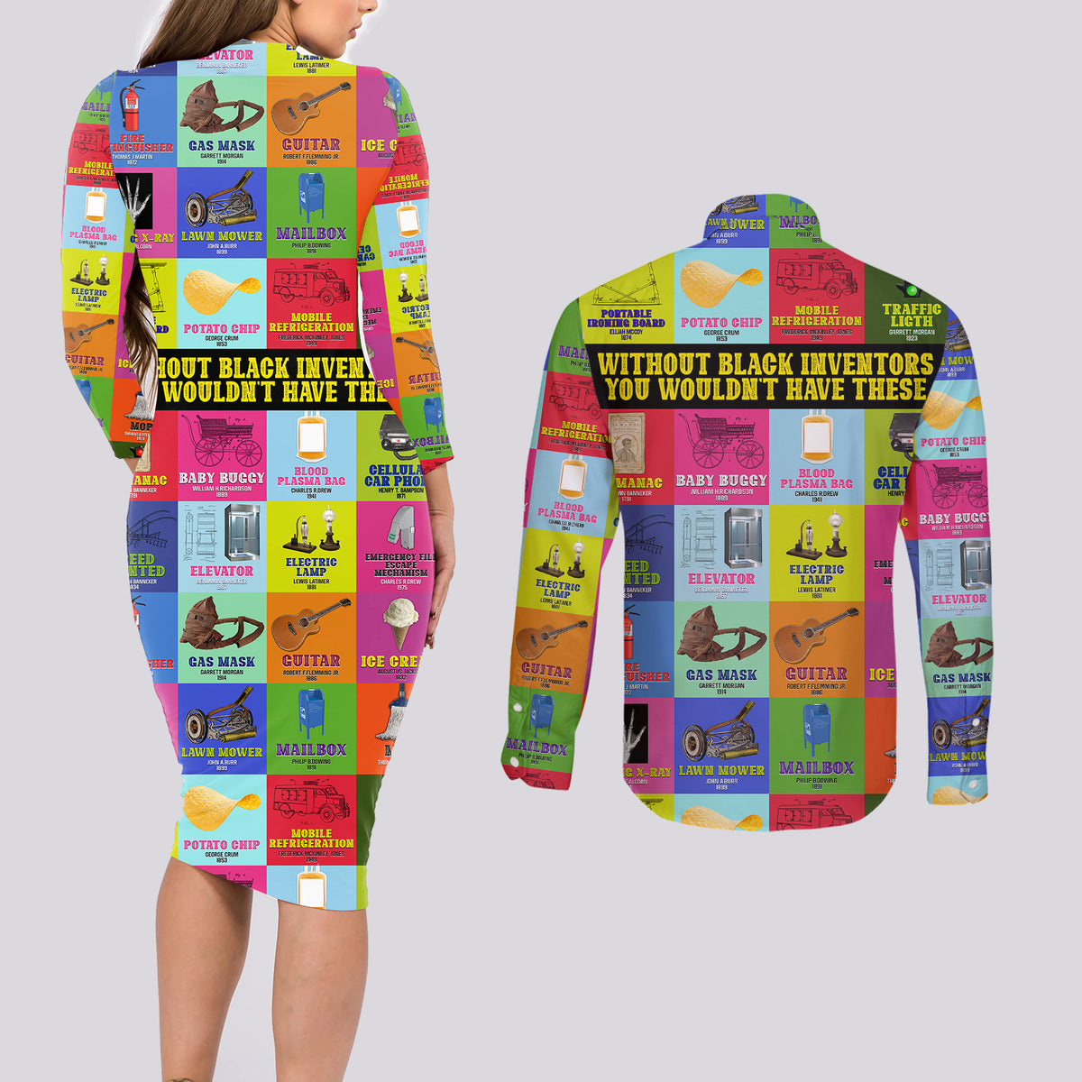 Black Inventions Couples Matching Long Sleeve Bodycon Dress and Long Sleeve Button Shirts African-American Inventors - Wonder Print Shop
