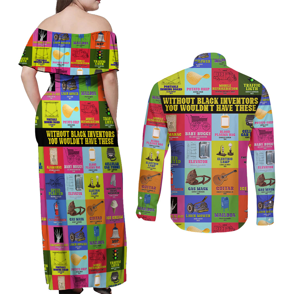 Black Inventions Couples Matching Off Shoulder Maxi Dress and Long Sleeve Button Shirts African-American Inventors - Wonder Print Shop