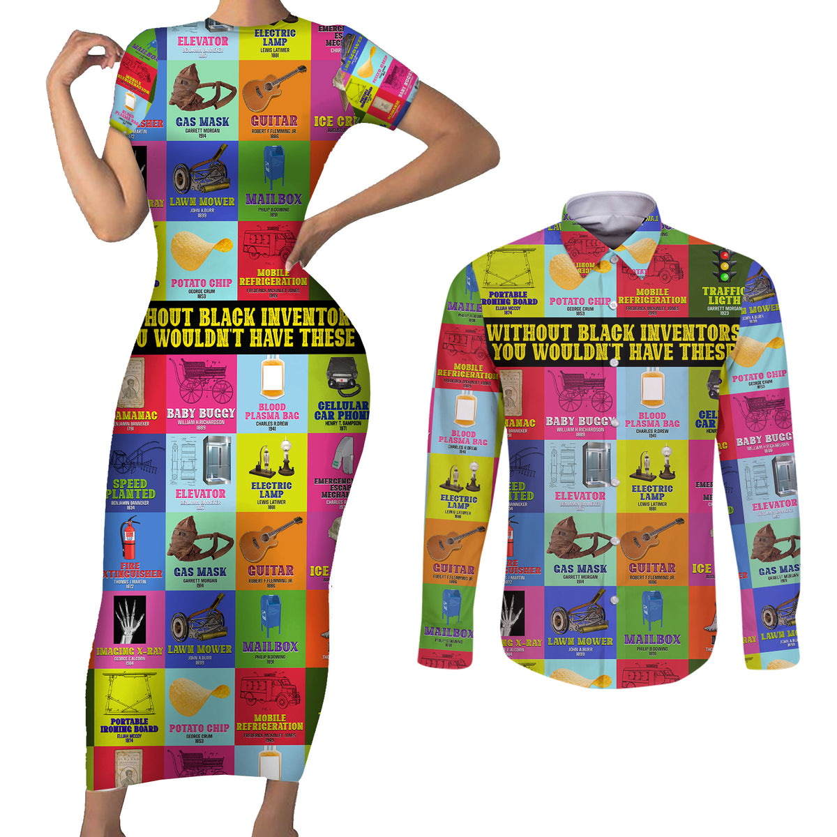 Black Inventions Couples Matching Short Sleeve Bodycon Dress and Long Sleeve Button Shirts African-American Inventors - Wonder Print Shop