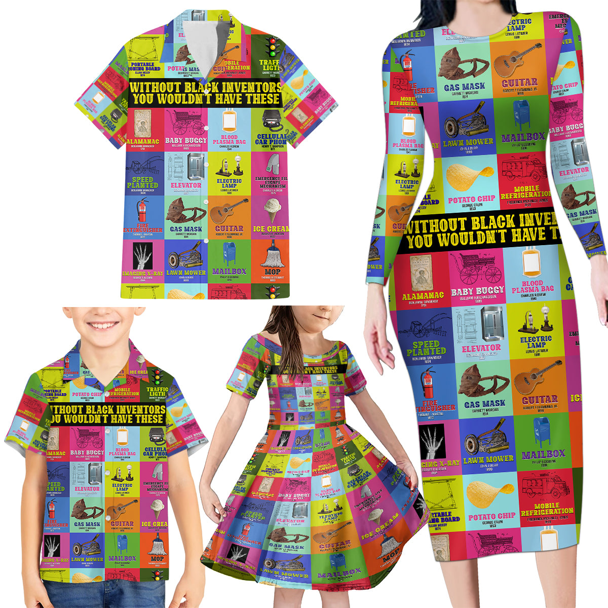 Black Inventions Family Matching Long Sleeve Bodycon Dress and Hawaiian Shirt African-American Inventors - Wonder Print Shop