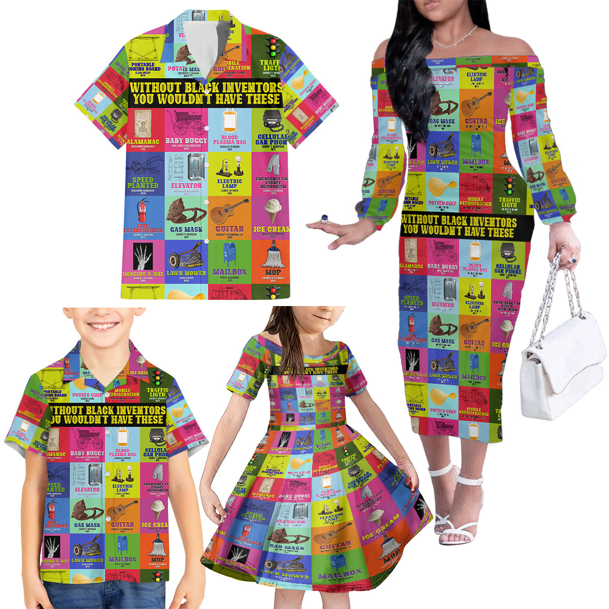 Black Inventions Family Matching Off Shoulder Long Sleeve Dress and Hawaiian Shirt African-American Inventors - Wonder Print Shop