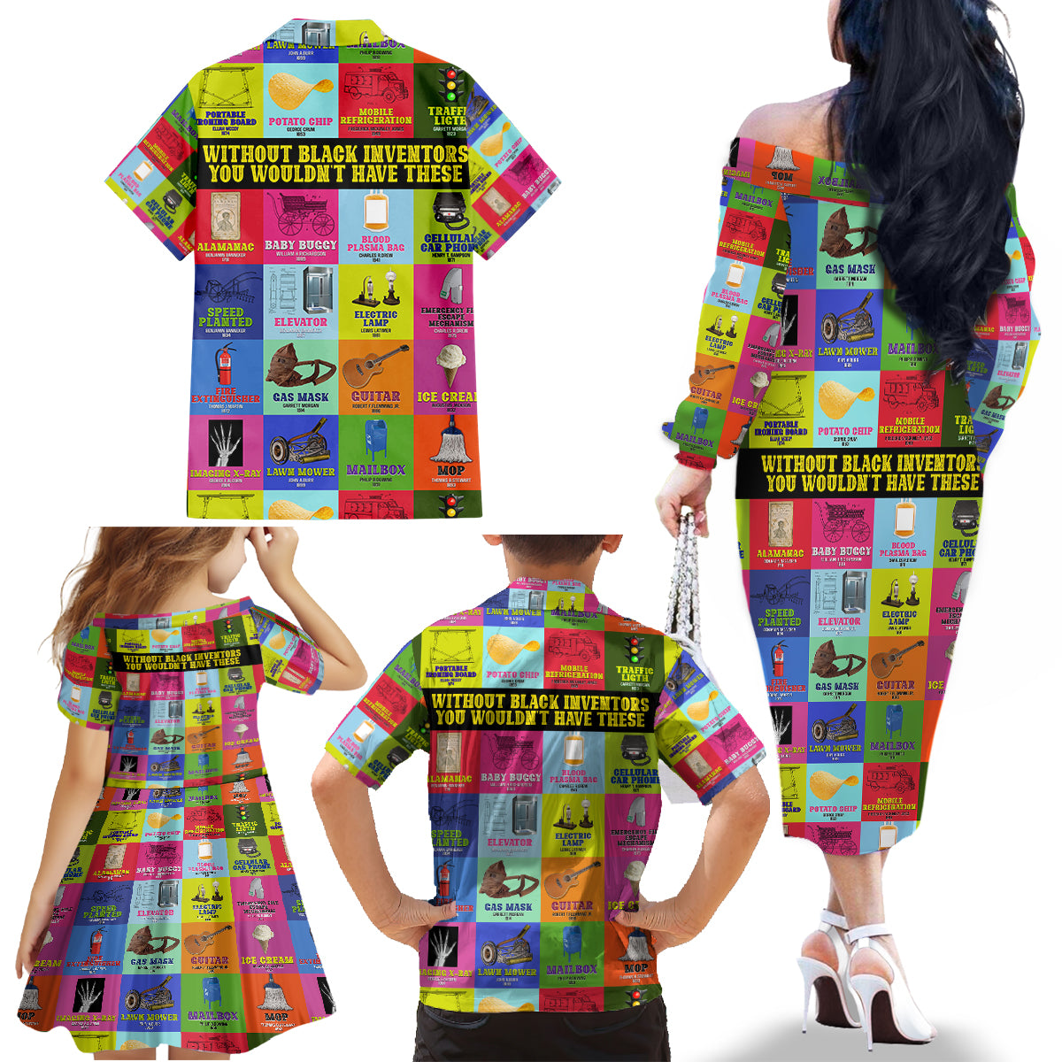Black Inventions Family Matching Off Shoulder Long Sleeve Dress and Hawaiian Shirt African-American Inventors - Wonder Print Shop