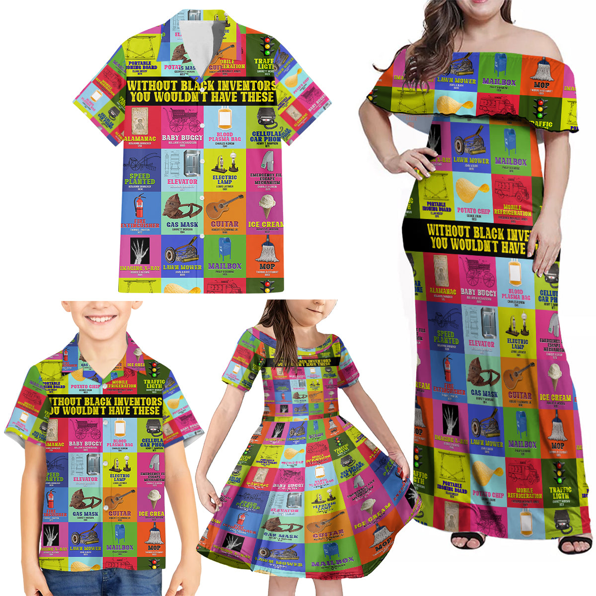 Black Inventions Family Matching Off Shoulder Maxi Dress and Hawaiian Shirt African-American Inventors - Wonder Print Shop