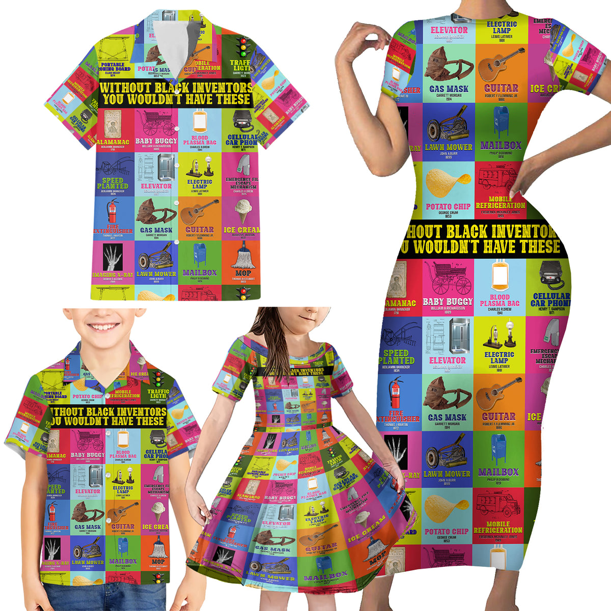 Black Inventions Family Matching Short Sleeve Bodycon Dress and Hawaiian Shirt African-American Inventors - Wonder Print Shop