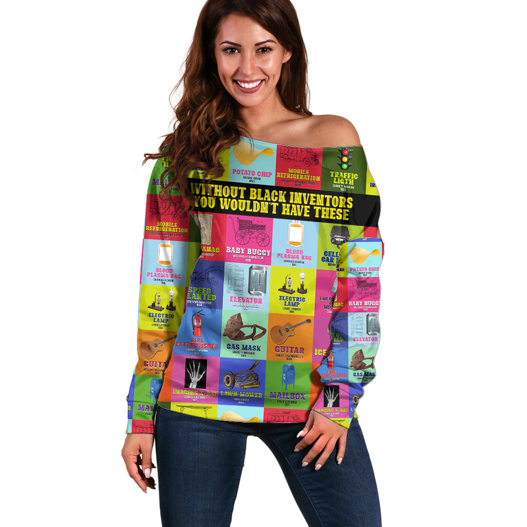 Black Inventions Off Shoulder Sweater African-American Inventors - Wonder Print Shop