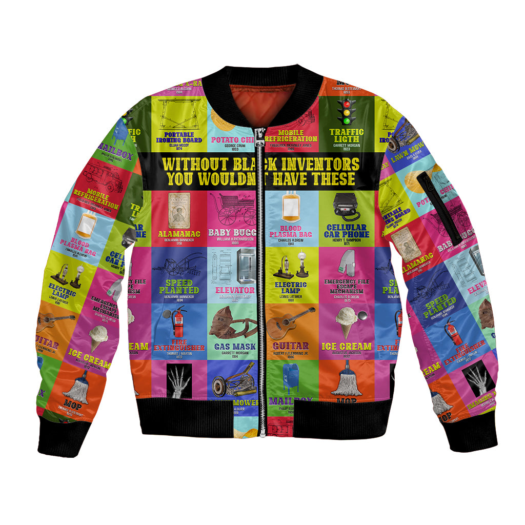 Black Inventions Sleeve Zip Bomber Jacket African-American Inventors - Wonder Print Shop