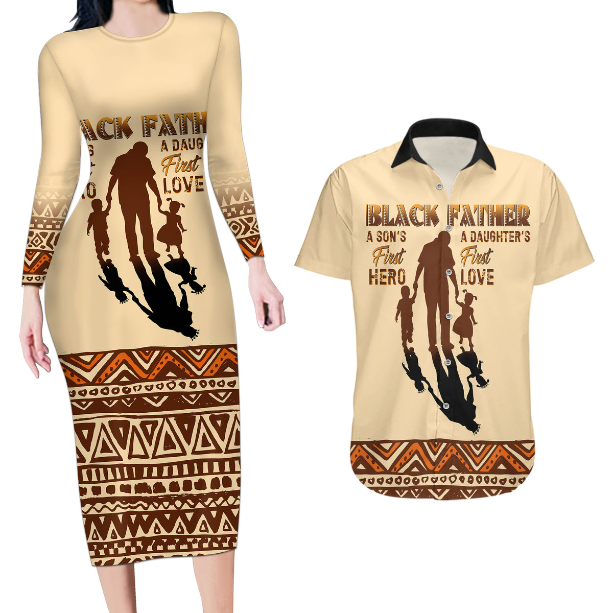 Black Father Couples Matching Long Sleeve Bodycon Dress and Hawaiian Shirt African Father with Son and Daughter - Wonder Print Shop