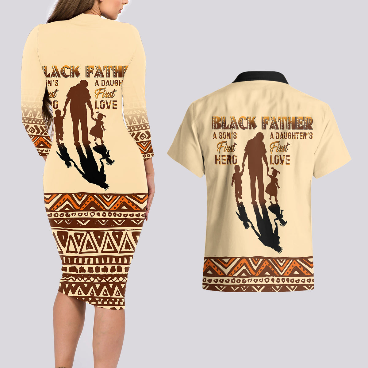 Black Father Couples Matching Long Sleeve Bodycon Dress and Hawaiian Shirt African Father with Son and Daughter - Wonder Print Shop