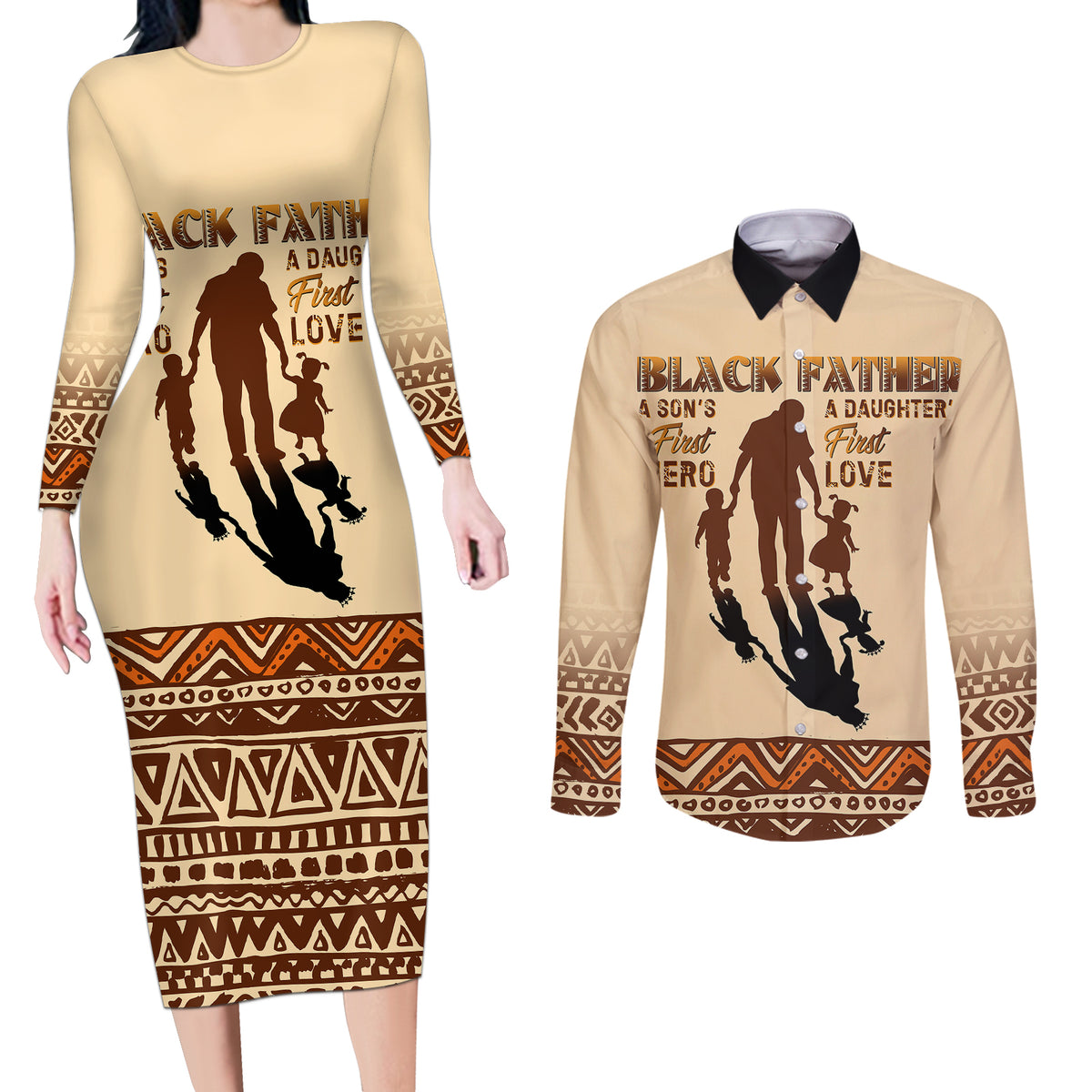 Black Father Couples Matching Long Sleeve Bodycon Dress and Long Sleeve Button Shirts African Father with Son and Daughter - Wonder Print Shop