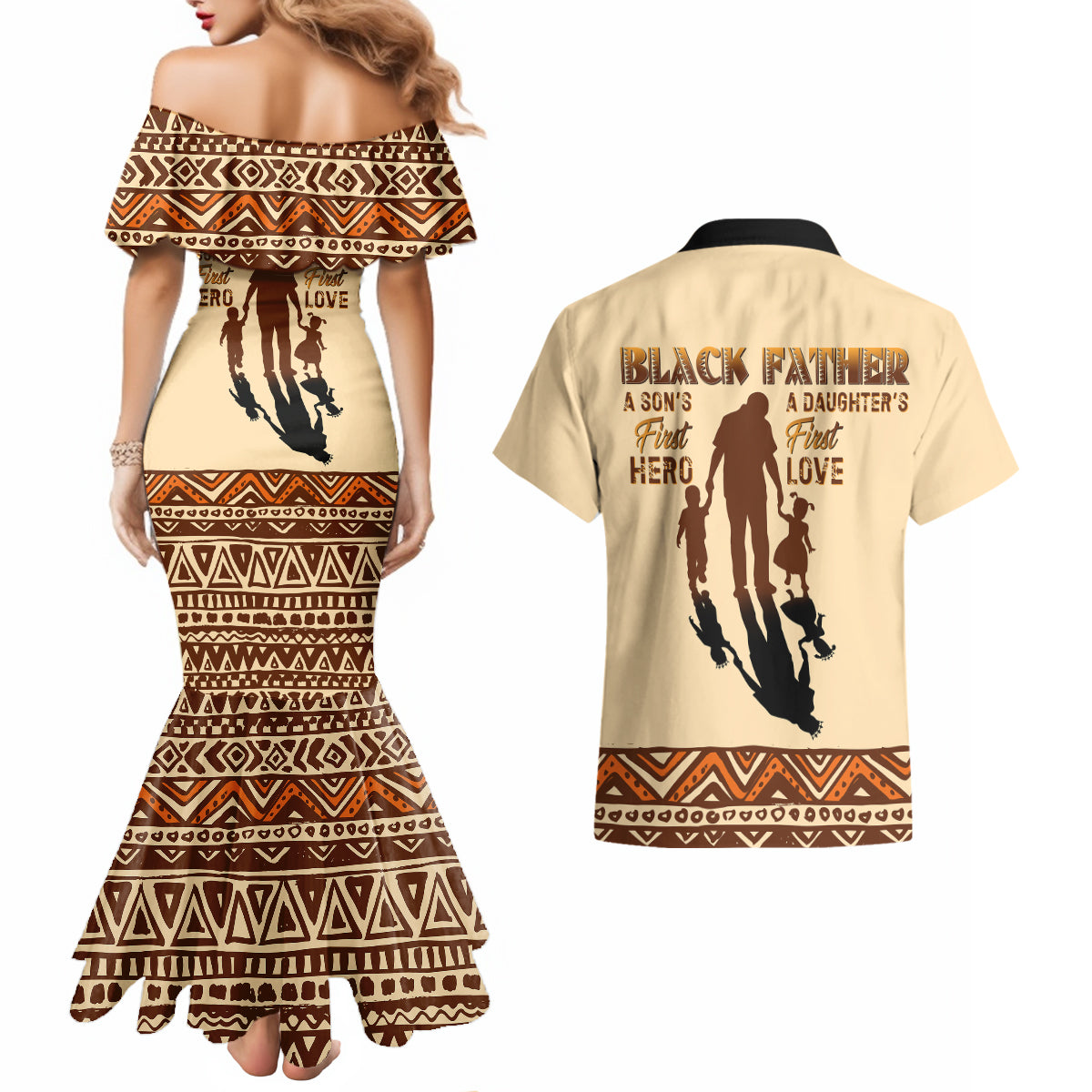 Black Father Couples Matching Mermaid Dress and Hawaiian Shirt African Father with Son and Daughter - Wonder Print Shop