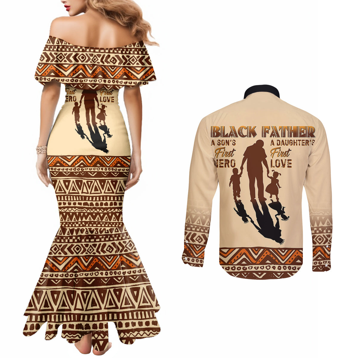 black-father-couples-matching-mermaid-dress-and-long-sleeve-button-shirts-african-father-with-son-and-daughter