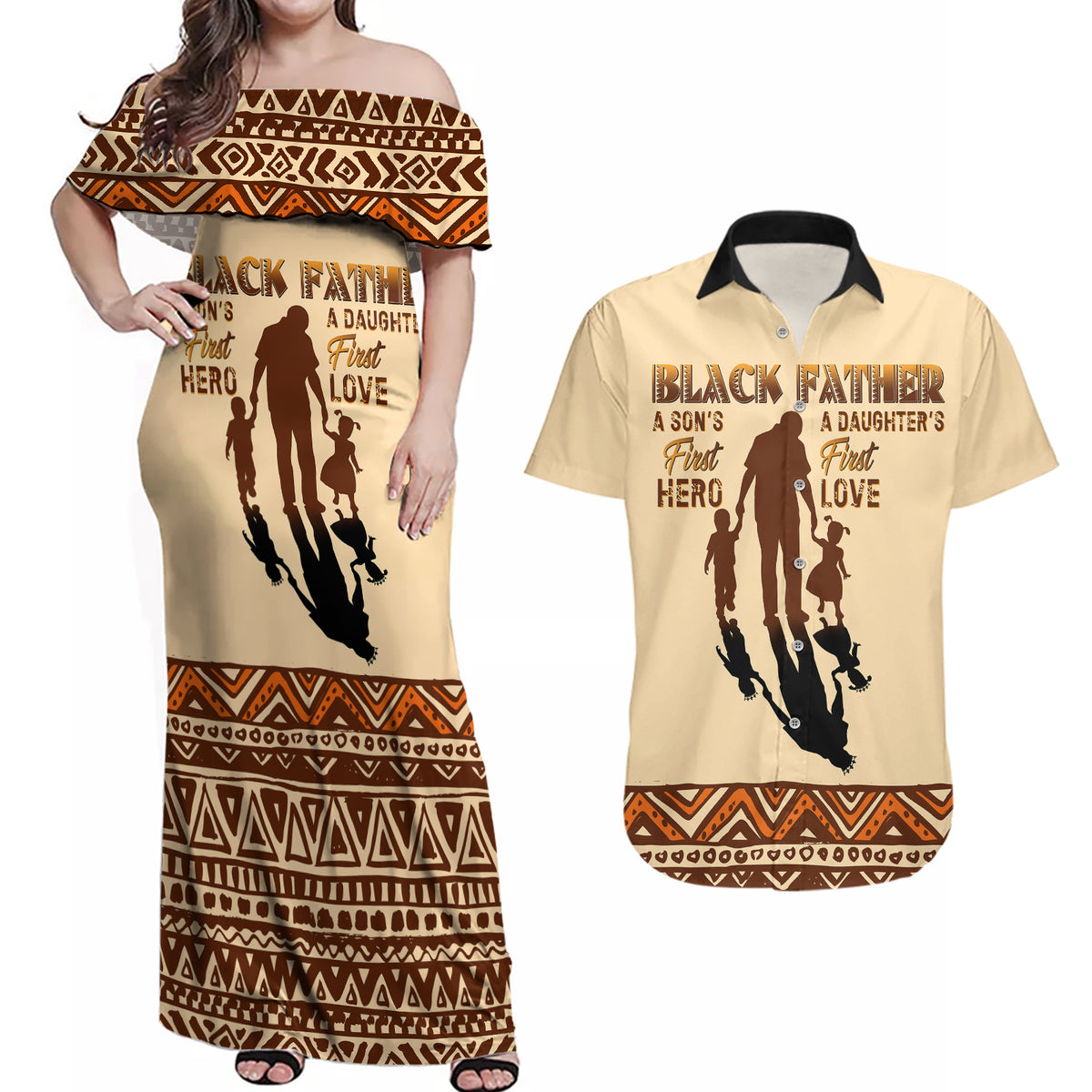 Black Father Couples Matching Off Shoulder Maxi Dress and Hawaiian Shirt African Father with Son and Daughter - Wonder Print Shop
