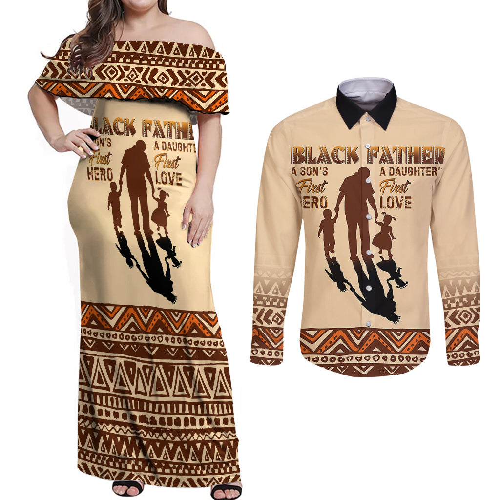 Black Father Couples Matching Off Shoulder Maxi Dress and Long Sleeve Button Shirts African Father with Son and Daughter - Wonder Print Shop