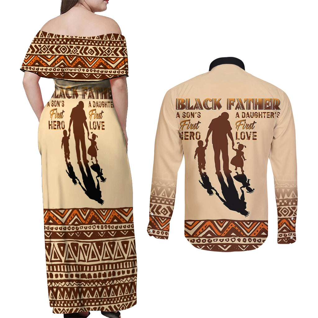 Black Father Couples Matching Off Shoulder Maxi Dress and Long Sleeve Button Shirts African Father with Son and Daughter - Wonder Print Shop