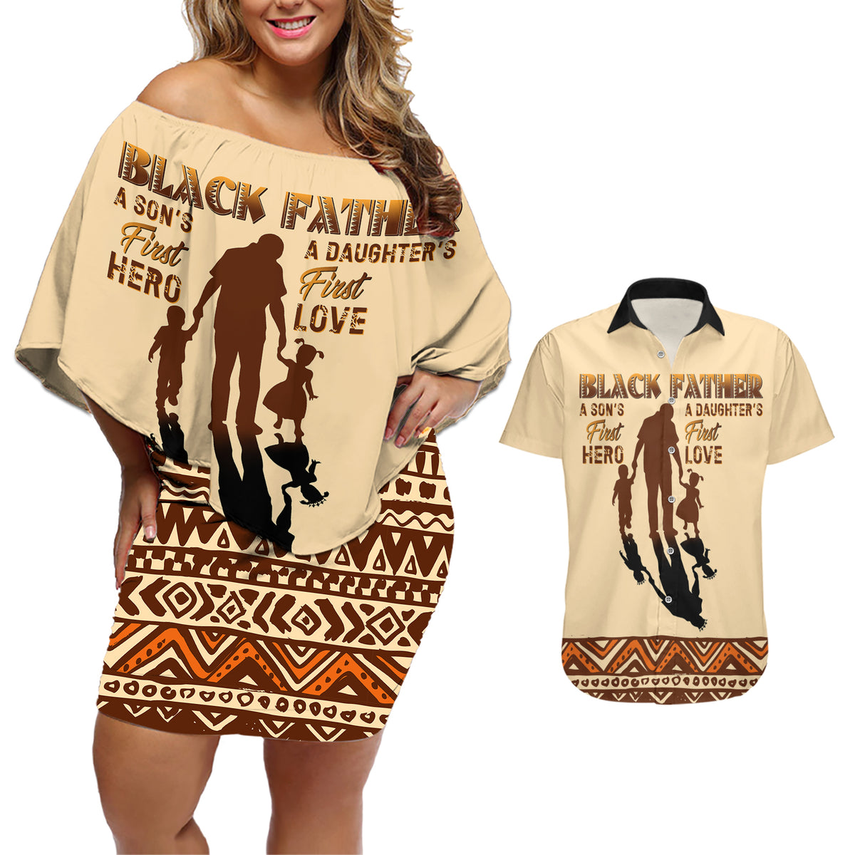Black Father Couples Matching Off Shoulder Short Dress and Hawaiian Shirt African Father with Son and Daughter - Wonder Print Shop