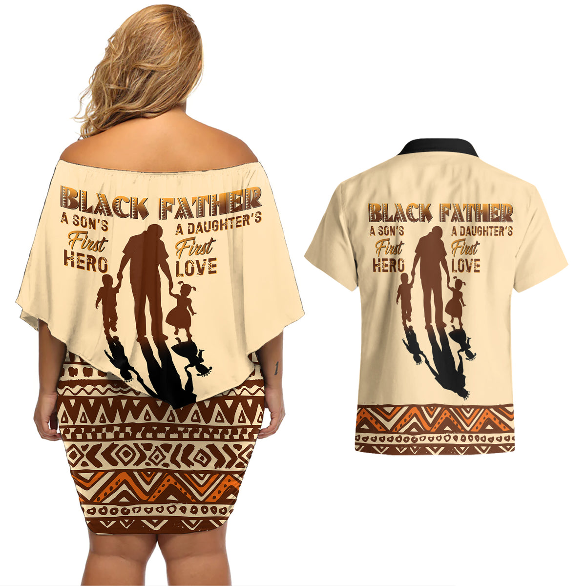 Black Father Couples Matching Off Shoulder Short Dress and Hawaiian Shirt African Father with Son and Daughter - Wonder Print Shop