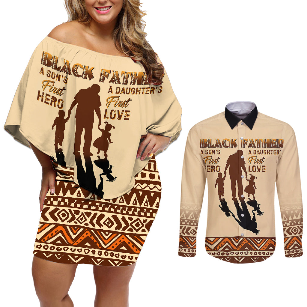 Black Father Couples Matching Off Shoulder Short Dress and Long Sleeve Button Shirts African Father with Son and Daughter - Wonder Print Shop