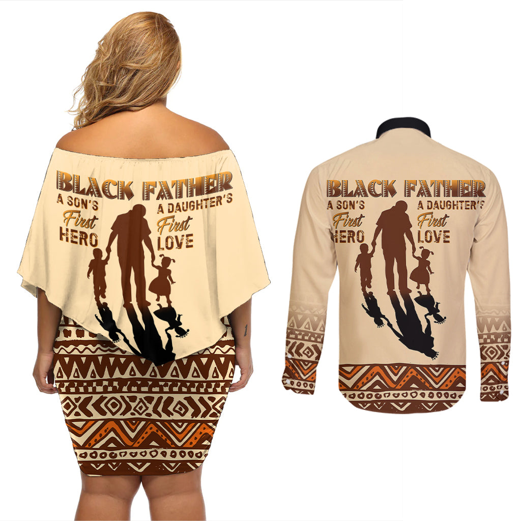 Black Father Couples Matching Off Shoulder Short Dress and Long Sleeve Button Shirts African Father with Son and Daughter - Wonder Print Shop