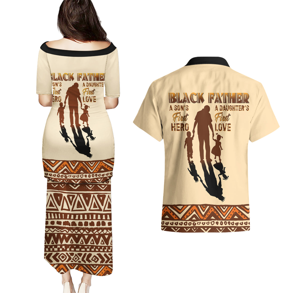 Black Father Couples Matching Puletasi Dress and Hawaiian Shirt African Father with Son and Daughter - Wonder Print Shop