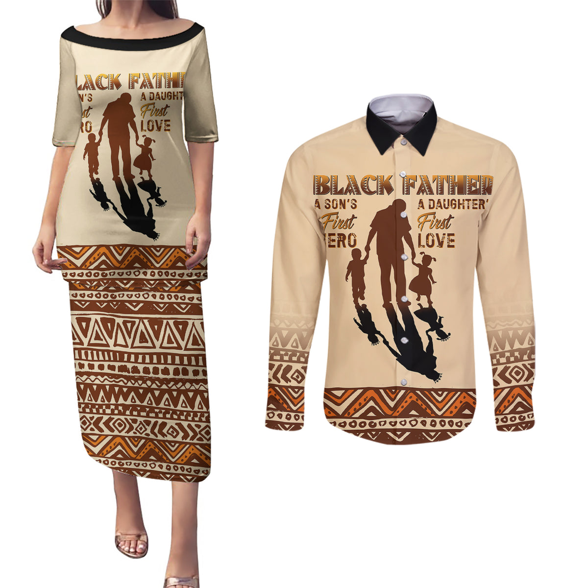 Black Father Couples Matching Puletasi Dress and Long Sleeve Button Shirts African Father with Son and Daughter - Wonder Print Shop