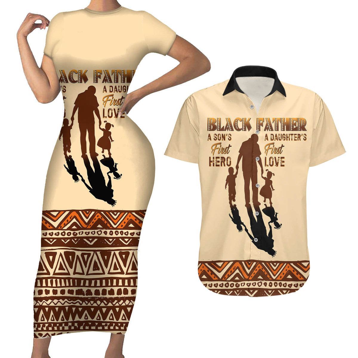 Black Father Couples Matching Short Sleeve Bodycon Dress and Hawaiian Shirt African Father with Son and Daughter - Wonder Print Shop