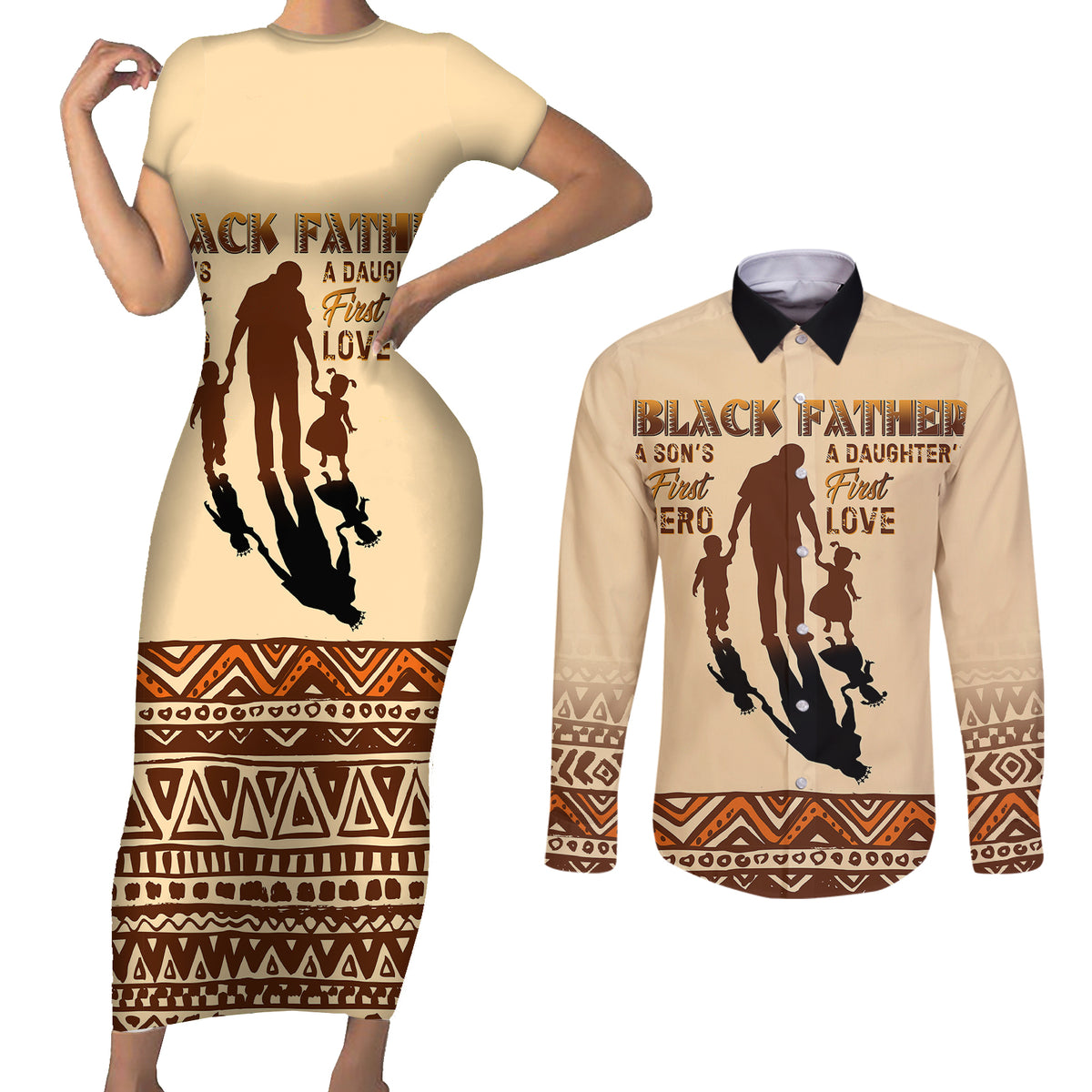 Black Father Couples Matching Short Sleeve Bodycon Dress and Long Sleeve Button Shirts African Father with Son and Daughter - Wonder Print Shop