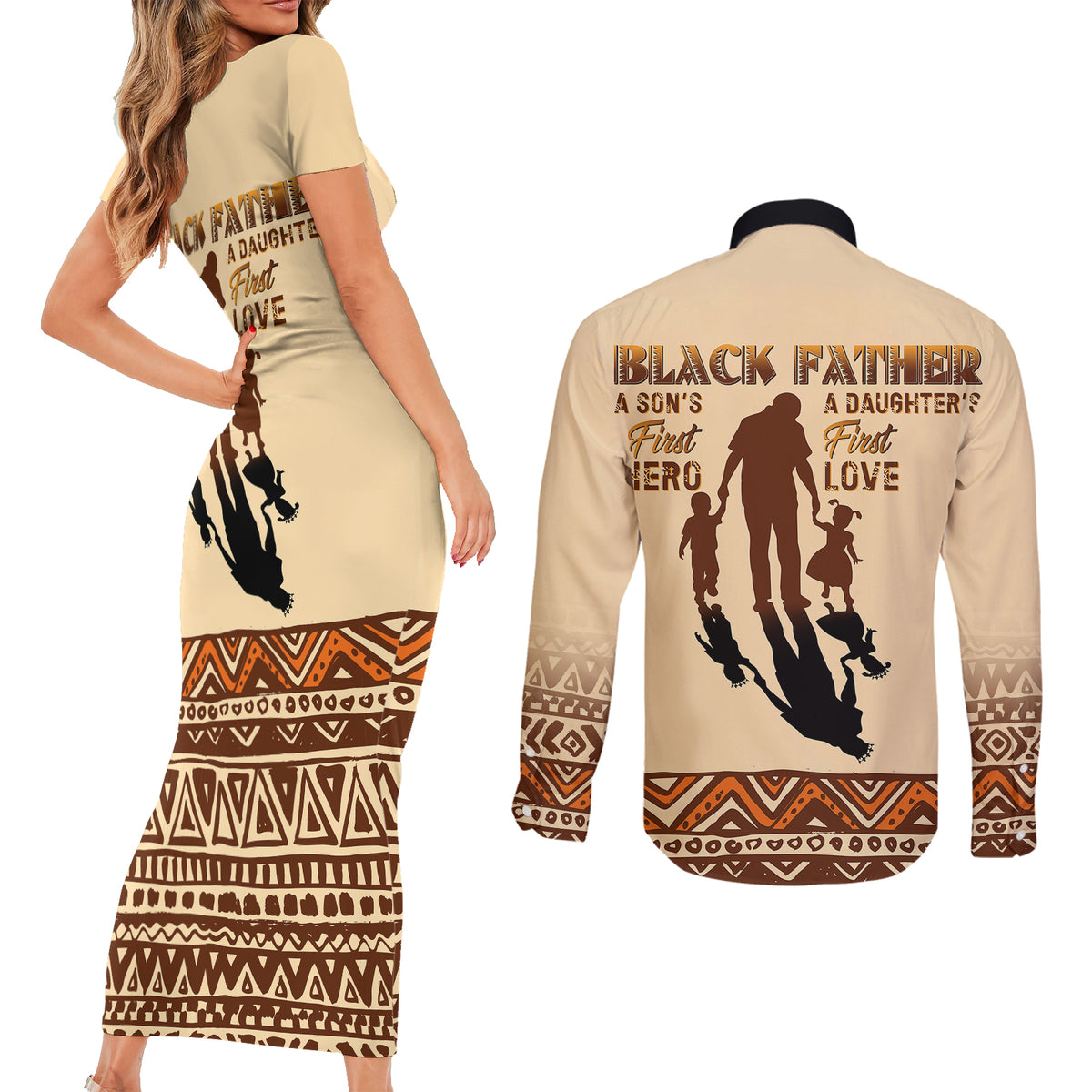 Black Father Couples Matching Short Sleeve Bodycon Dress and Long Sleeve Button Shirts African Father with Son and Daughter - Wonder Print Shop