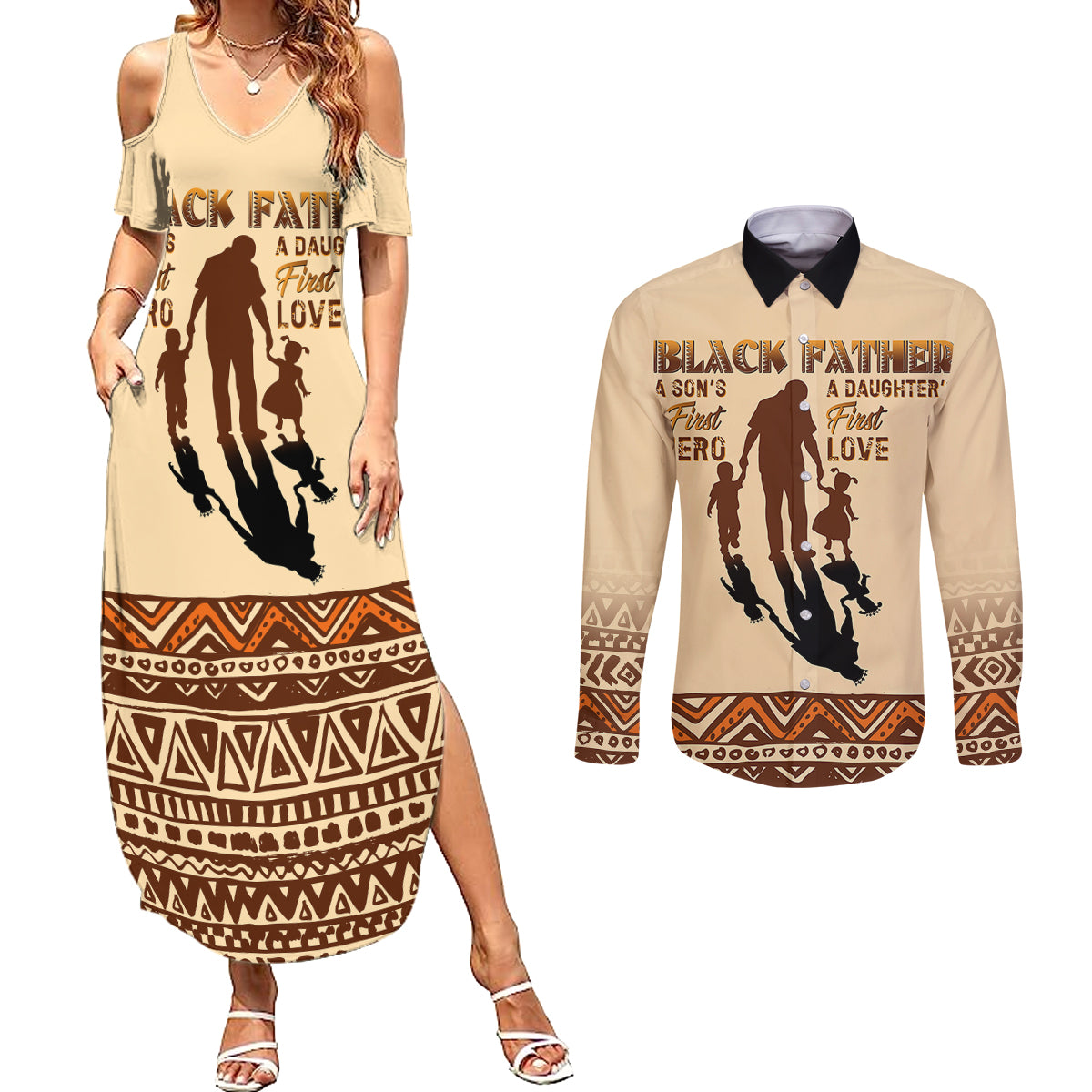 Black Father Couples Matching Summer Maxi Dress and Long Sleeve Button Shirts African Father with Son and Daughter - Wonder Print Shop