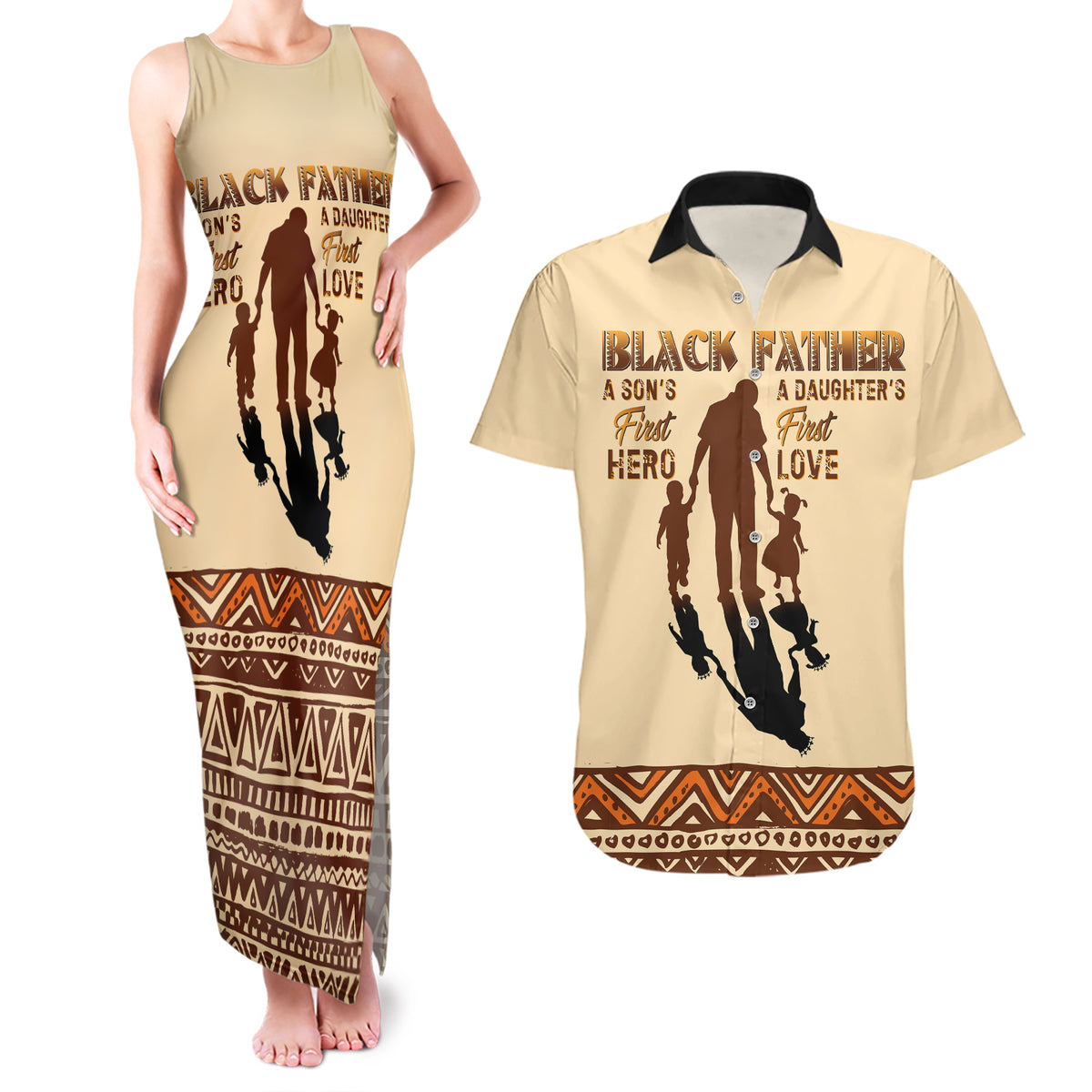 Black Father Couples Matching Tank Maxi Dress and Hawaiian Shirt African Father with Son and Daughter - Wonder Print Shop