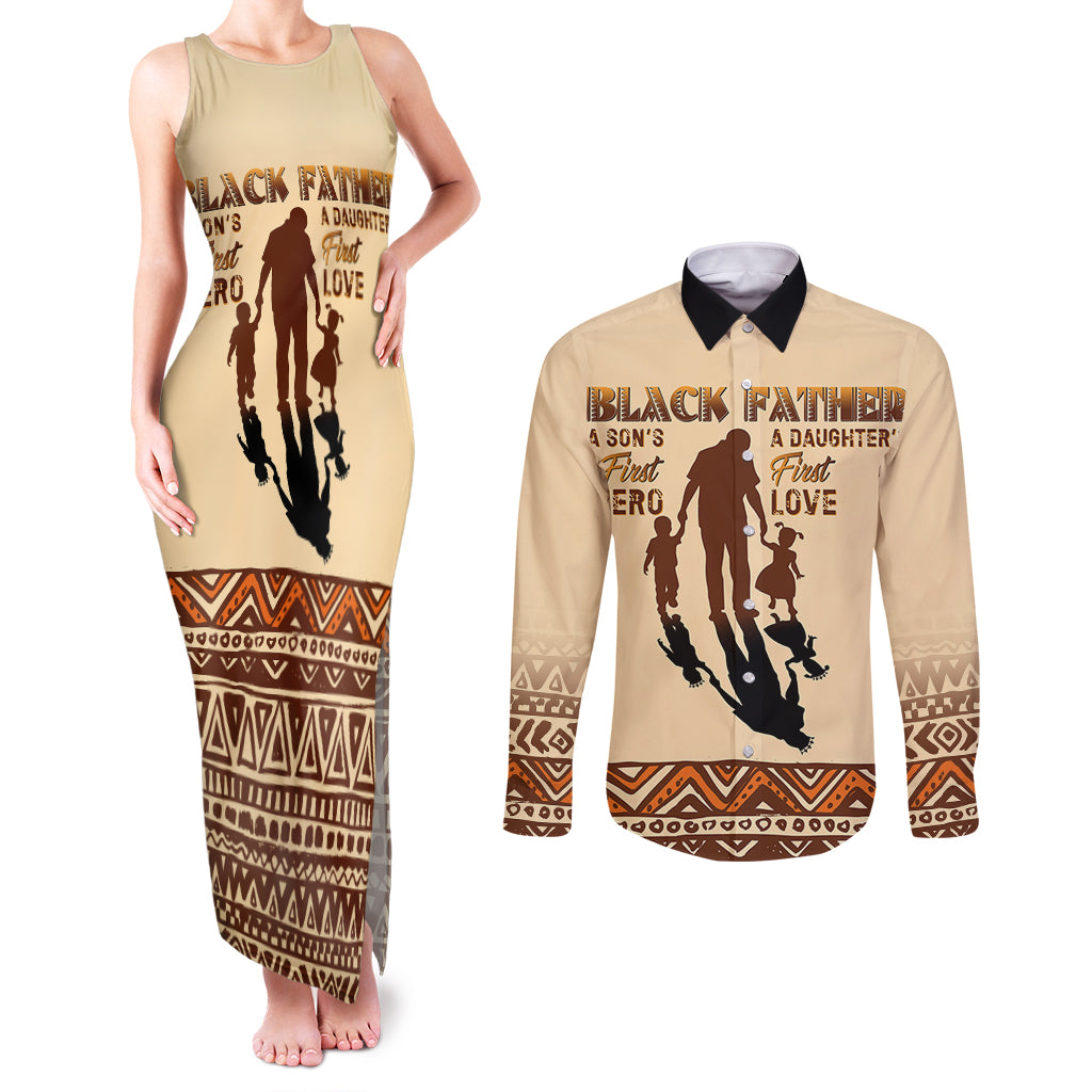 Black Father Couples Matching Tank Maxi Dress and Long Sleeve Button Shirts African Father with Son and Daughter - Wonder Print Shop
