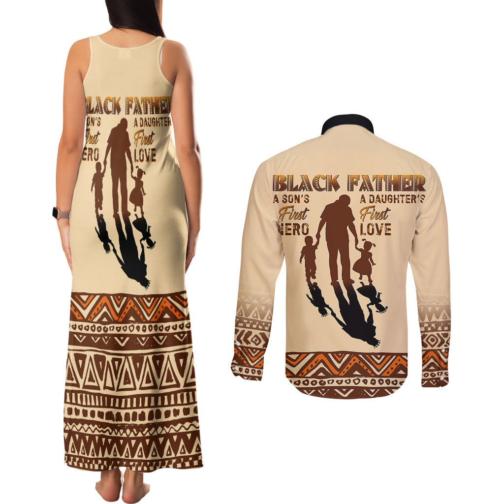 Black Father Couples Matching Tank Maxi Dress and Long Sleeve Button Shirts African Father with Son and Daughter - Wonder Print Shop