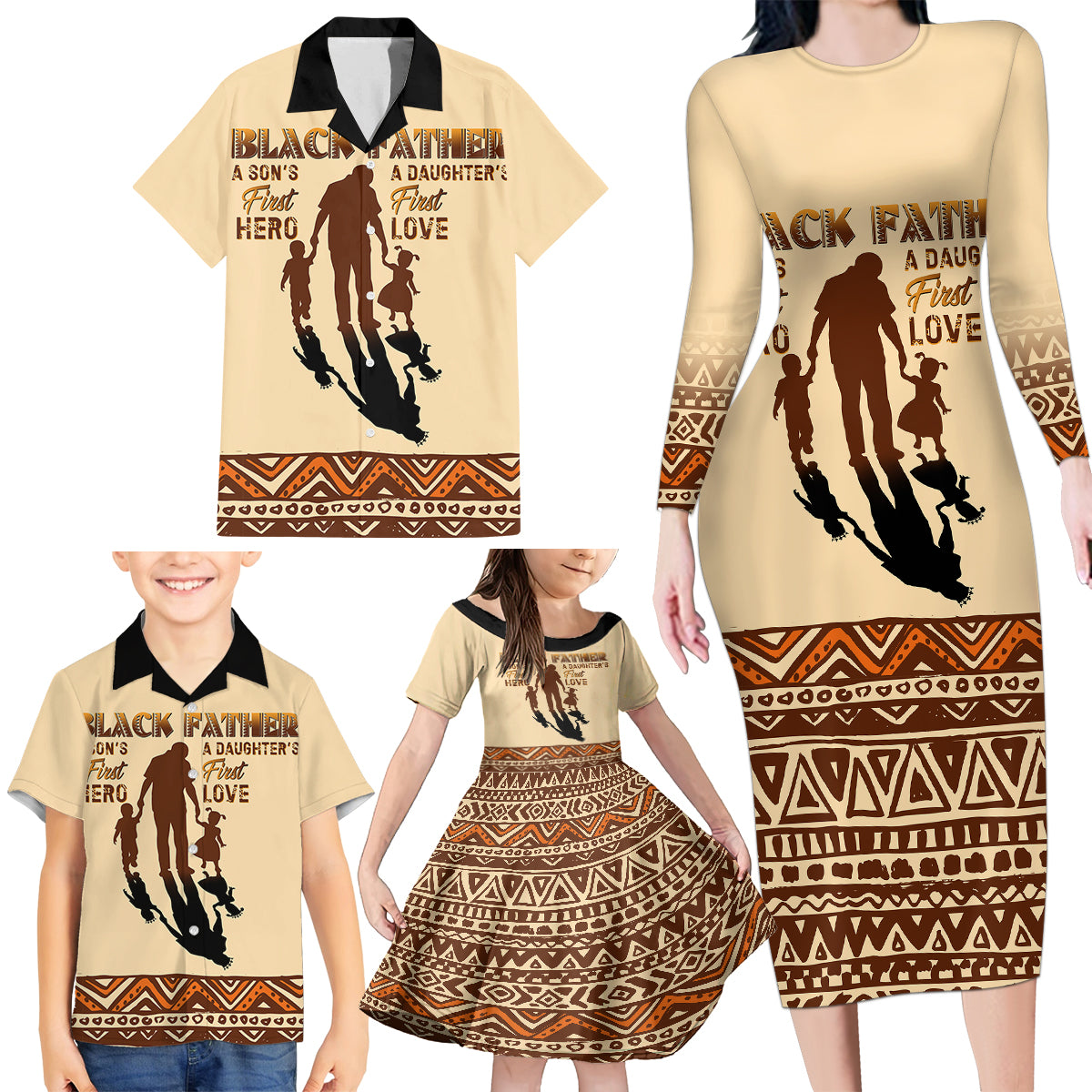 Black Father Family Matching Long Sleeve Bodycon Dress and Hawaiian Shirt African Father with Son and Daughter - Wonder Print Shop