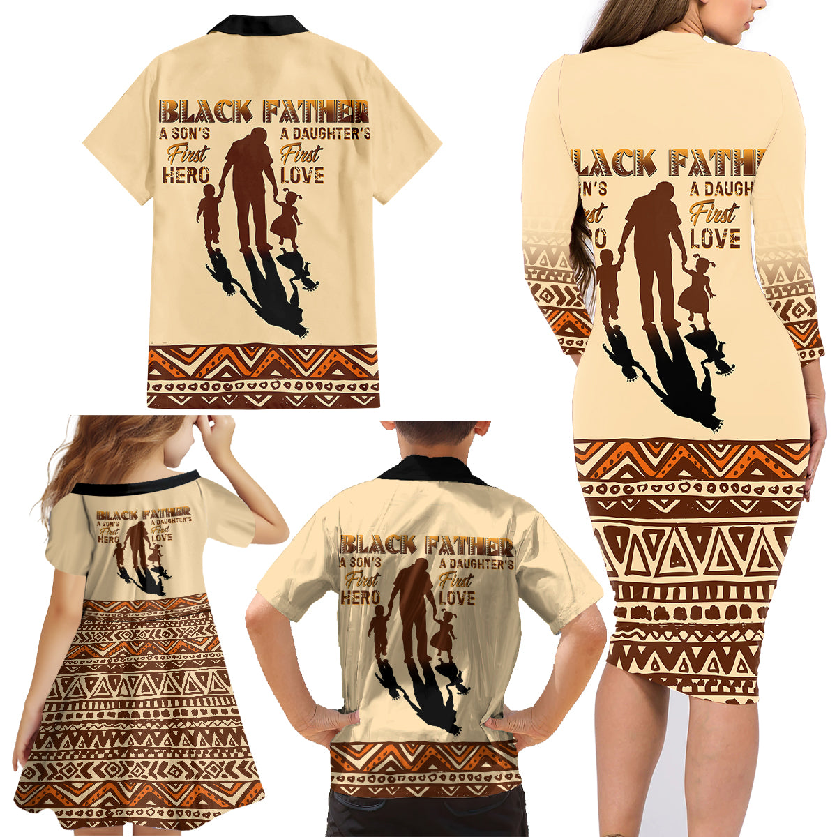 Black Father Family Matching Long Sleeve Bodycon Dress and Hawaiian Shirt African Father with Son and Daughter - Wonder Print Shop