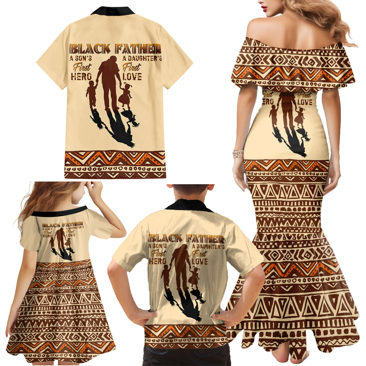 Black Father Family Matching Mermaid Dress and Hawaiian Shirt African Father with Son and Daughter - Wonder Print Shop