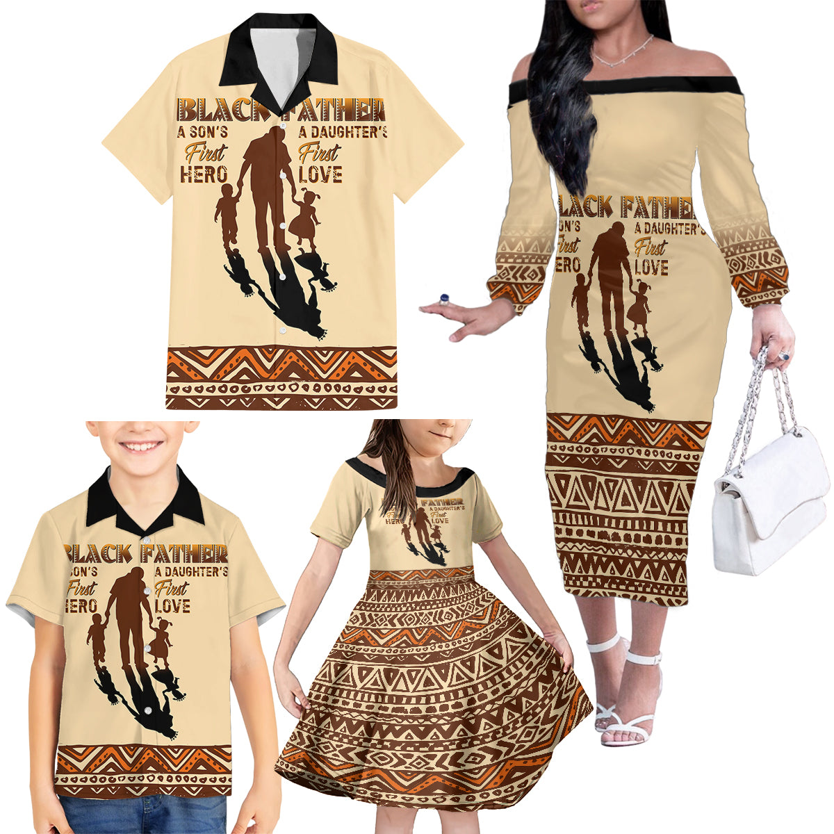 Black Father Family Matching Off Shoulder Long Sleeve Dress and Hawaiian Shirt African Father with Son and Daughter - Wonder Print Shop
