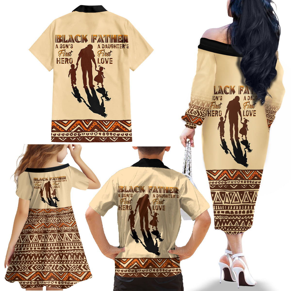 Black Father Family Matching Off Shoulder Long Sleeve Dress and Hawaiian Shirt African Father with Son and Daughter - Wonder Print Shop