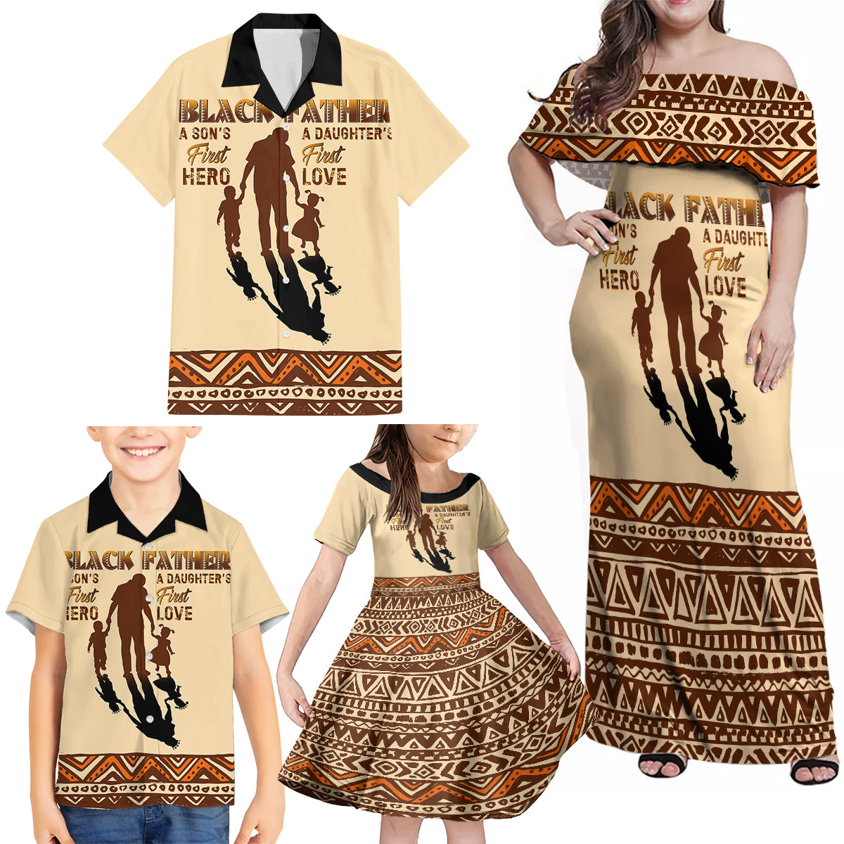Black Father Family Matching Off Shoulder Maxi Dress and Hawaiian Shirt African Father with Son and Daughter - Wonder Print Shop