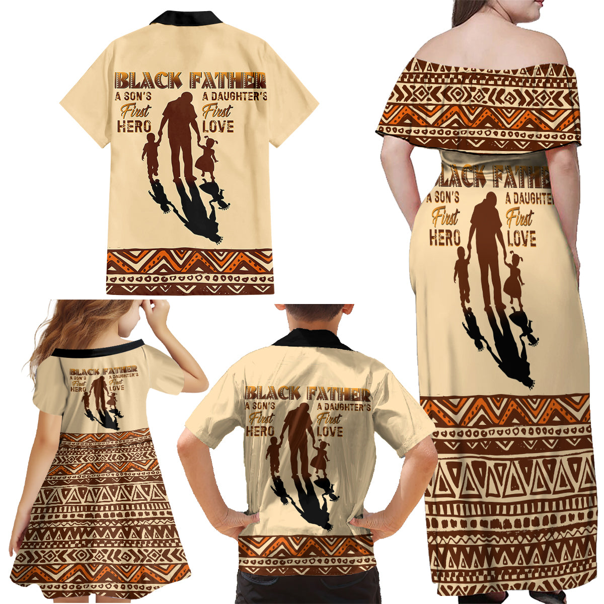Black Father Family Matching Off Shoulder Maxi Dress and Hawaiian Shirt African Father with Son and Daughter - Wonder Print Shop