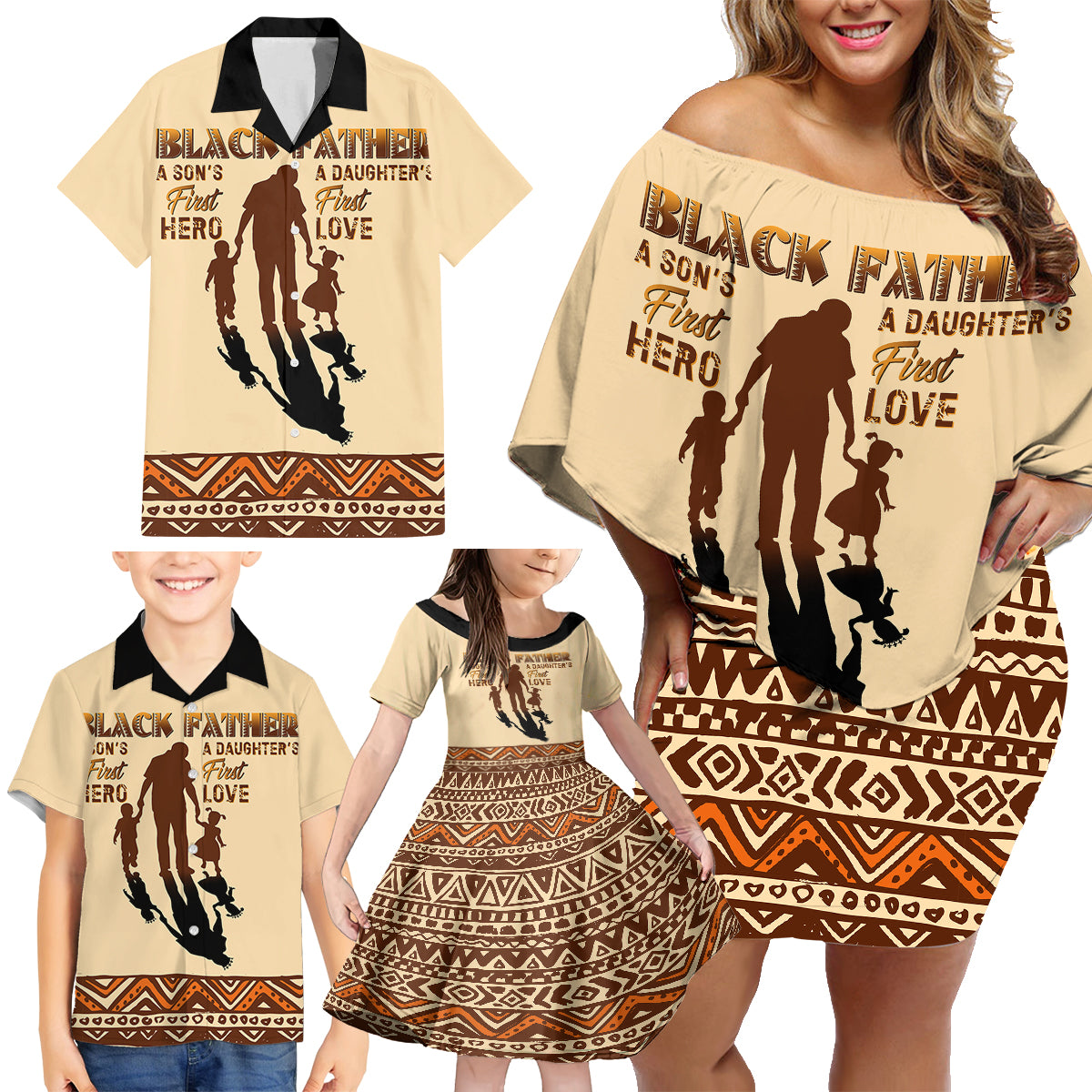 Black Father Family Matching Off Shoulder Short Dress and Hawaiian Shirt African Father with Son and Daughter - Wonder Print Shop