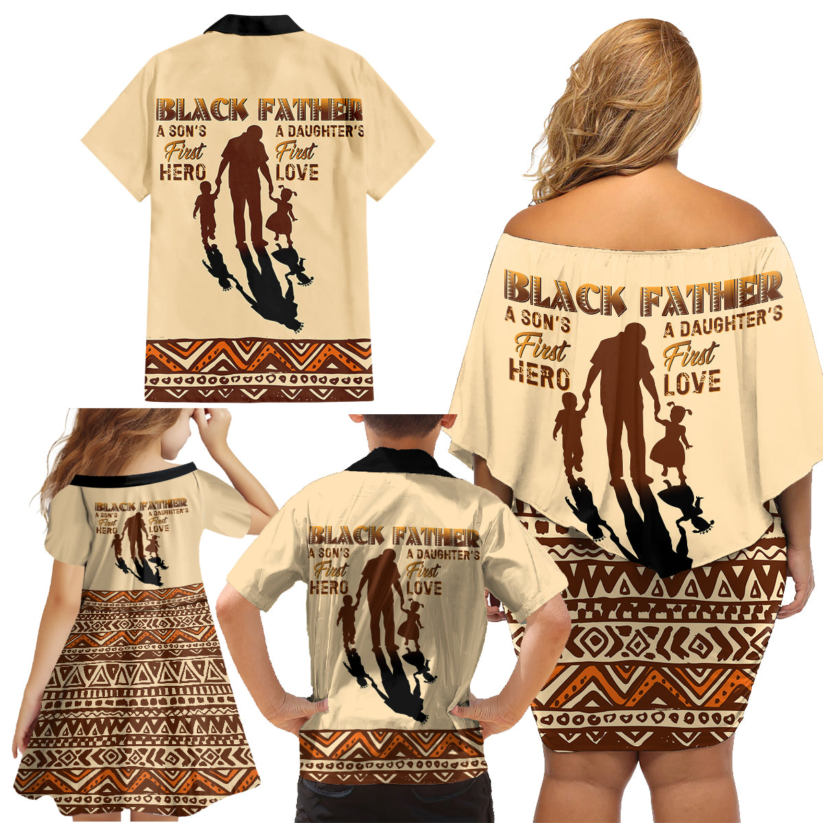 Black Father Family Matching Off Shoulder Short Dress and Hawaiian Shirt African Father with Son and Daughter - Wonder Print Shop